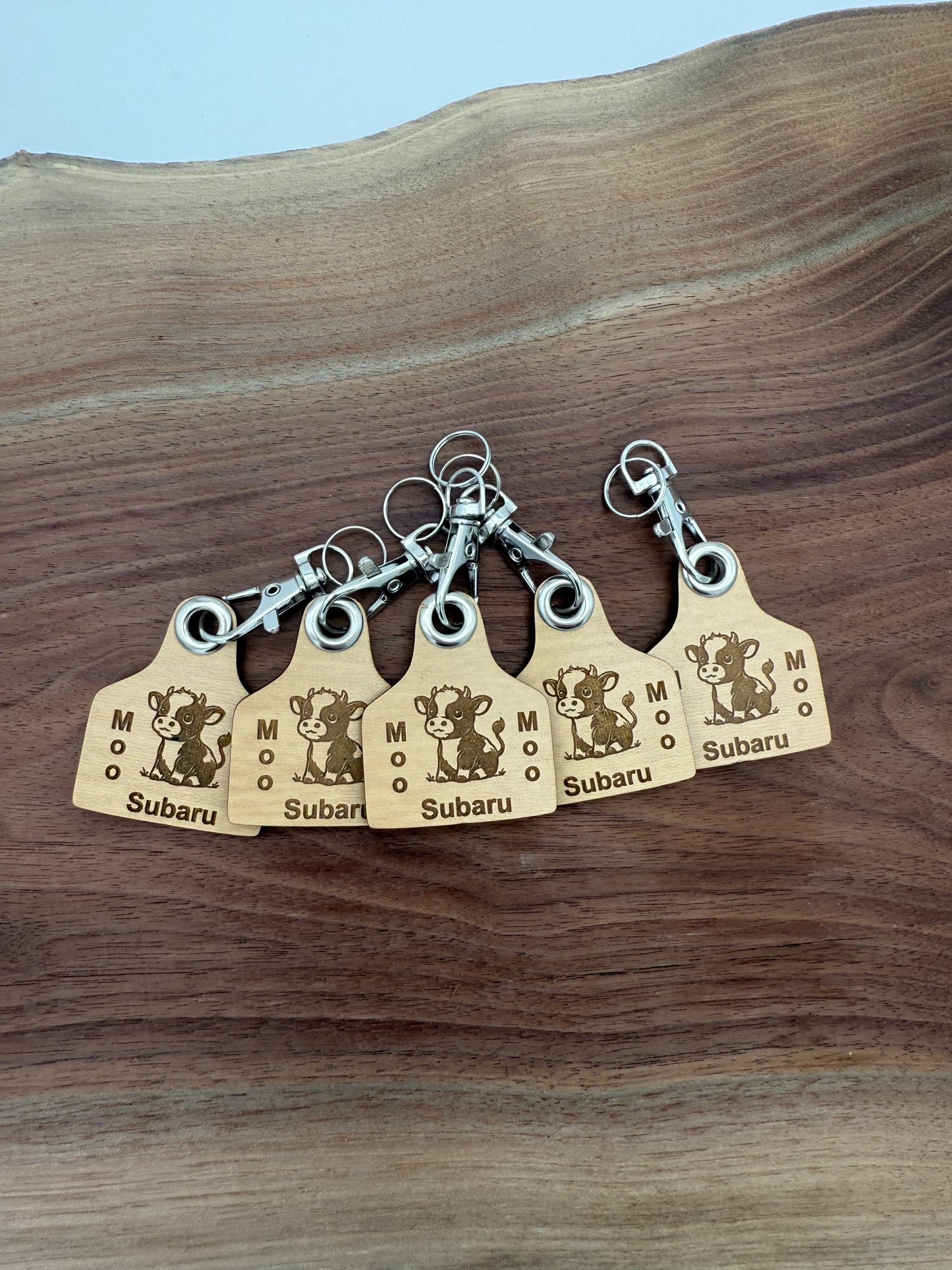 Moo Moo Subaru Ear Tag keychain